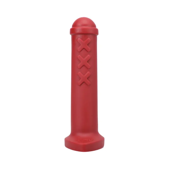 Tantus Amsterdam Junior ruby red dildo front view on broad rectangular base