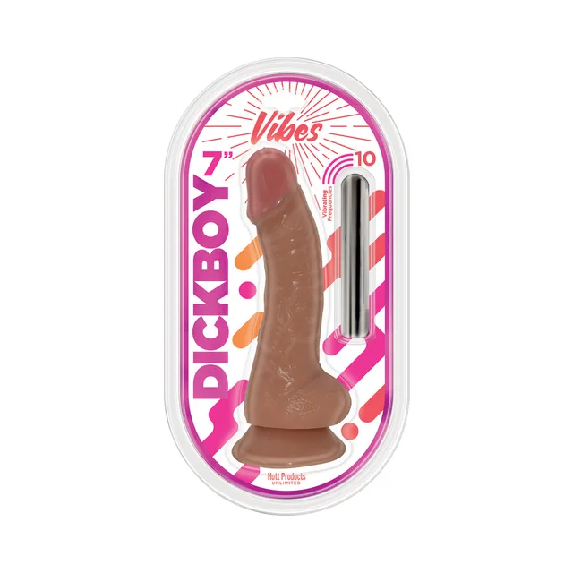caramel Dickboy Vibes dildo with rounded base inside a pink and white oval package