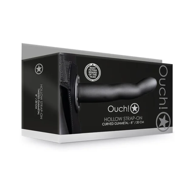 Gunmetal Ouch Curved 8-inch hollow strap-on retail box