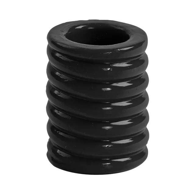 Front view of unboxed black TitanMen cock cage with stacked exterior ribs