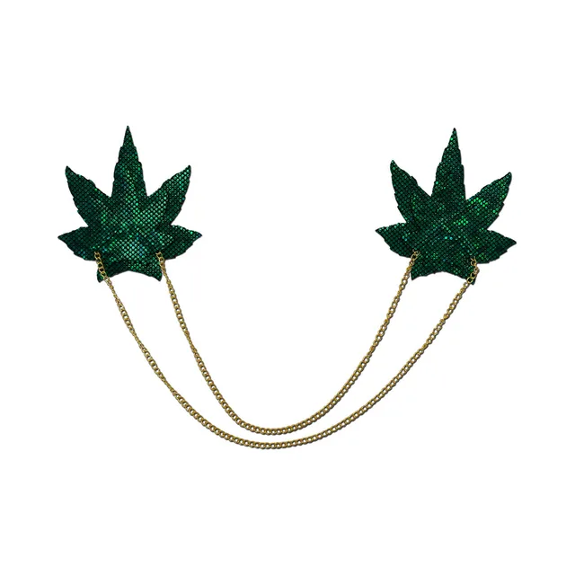 Pastease green shattered-glass weed leaf pasties linked by gold-tone chains