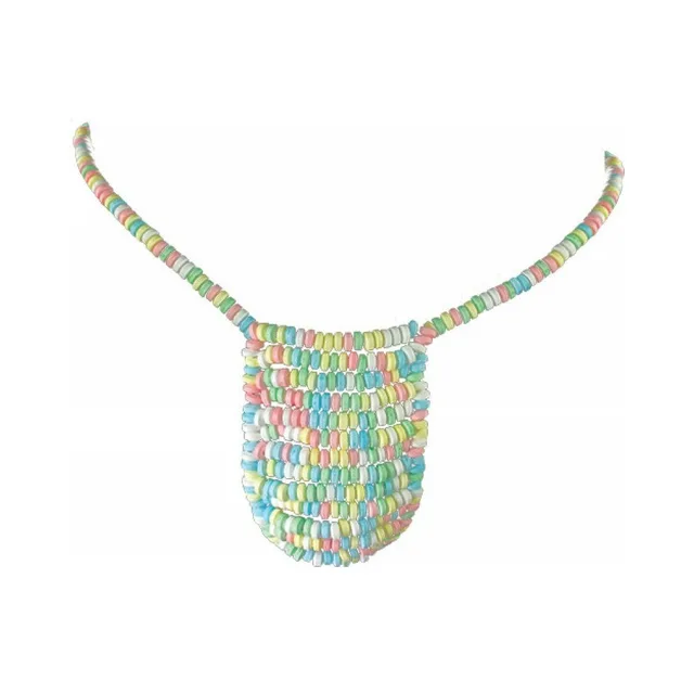 Multicolor edible candy posing pouch with narrow side strands