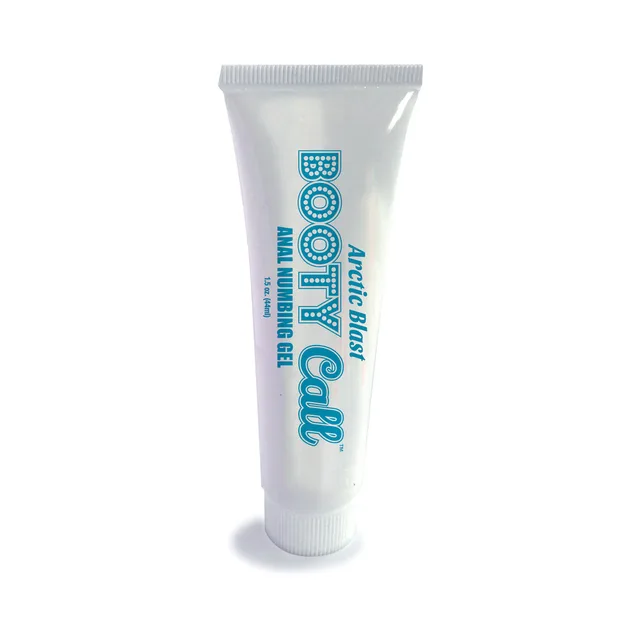 Upright white Booty Call squeeze tube with blue lettering