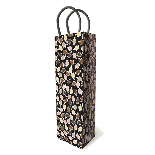 Tall FU Finger gift bag with multicolor hand pattern and black handles
