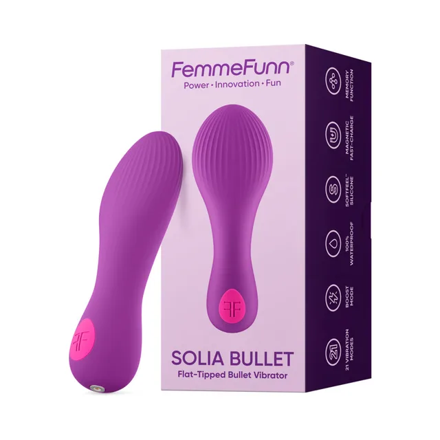 Purple FemmeFunn Solia Bullet beside coordinating purple retail box