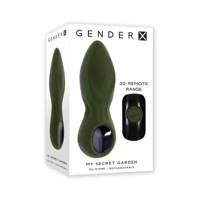 Gender X My Secret Garden green remote anal vibrator with compact remote in retail box