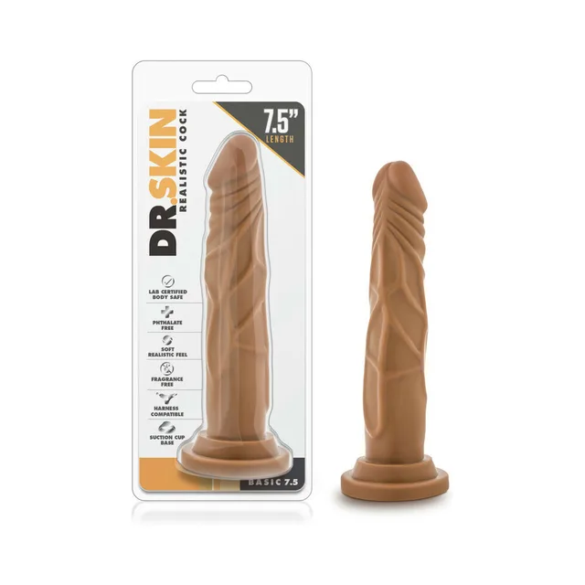 Blush Basic 7.5 tan dildo beside clear Dr. Skin retail package
