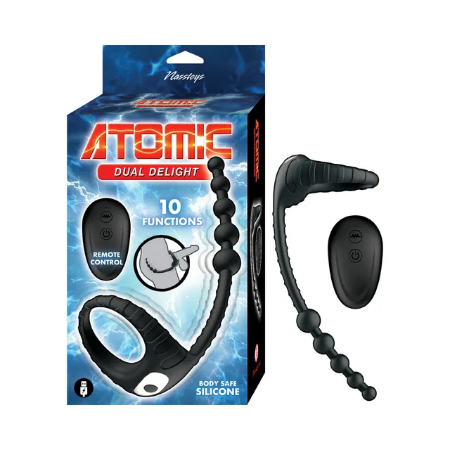 black Atomic Dual Delight vibrating ring and beaded tail with remote beside box