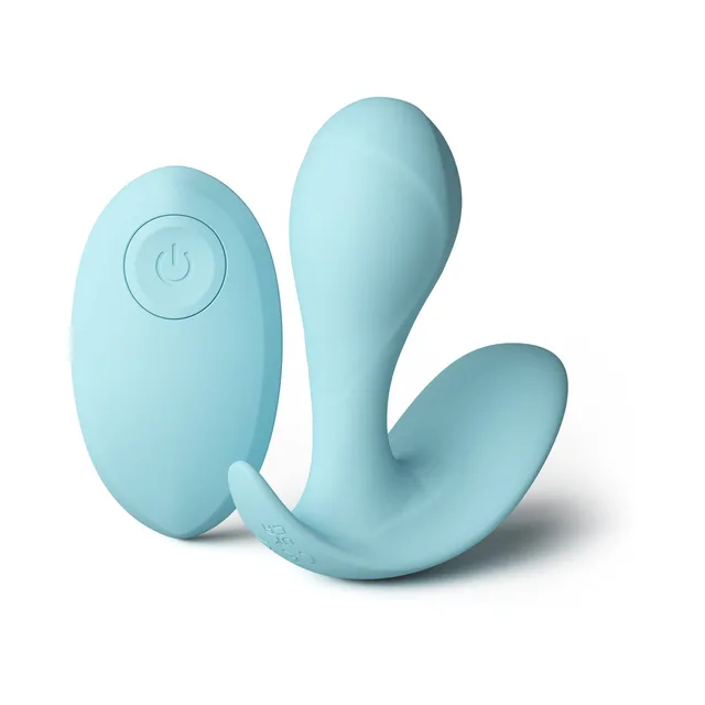 Minnie's Pop blue remote vibrator U-shaped two-arm body beside the oval one-button controller