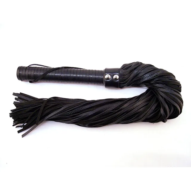 Rouge Garments Black Leather Flogger coiled leather falls beside wrapped handle