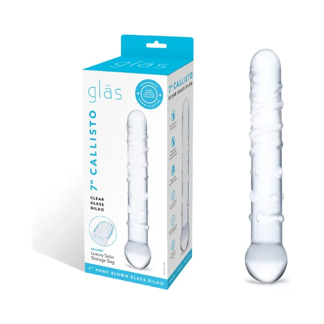 Glas Callisto clear glass dildo beside turquoise retail box