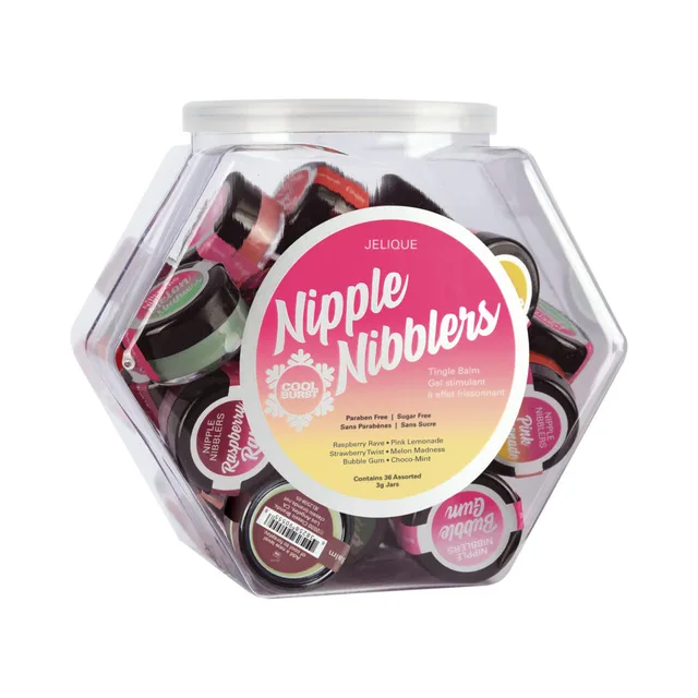 Jelique Nipple Nibbler Assorted Balm Display clear hexagonal bowl filled with assorted balm pots