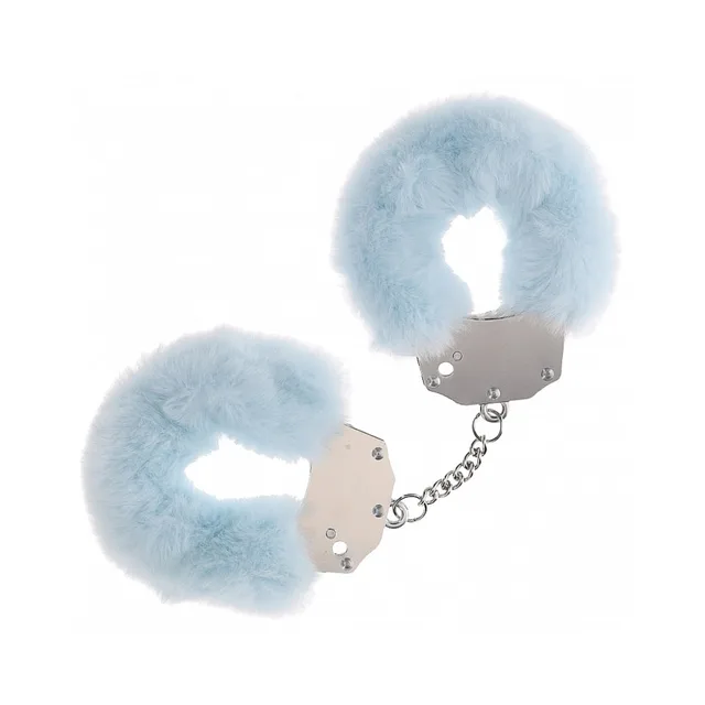 Shots Ouch powder-blue fluffy iron handcuffs with a short silver chain