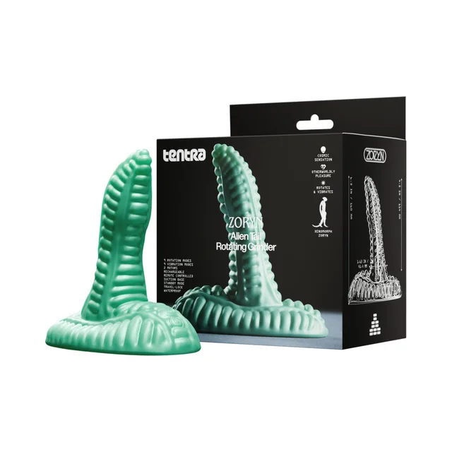 Tentra Zoryn green alien-tail grinder beside black retail box