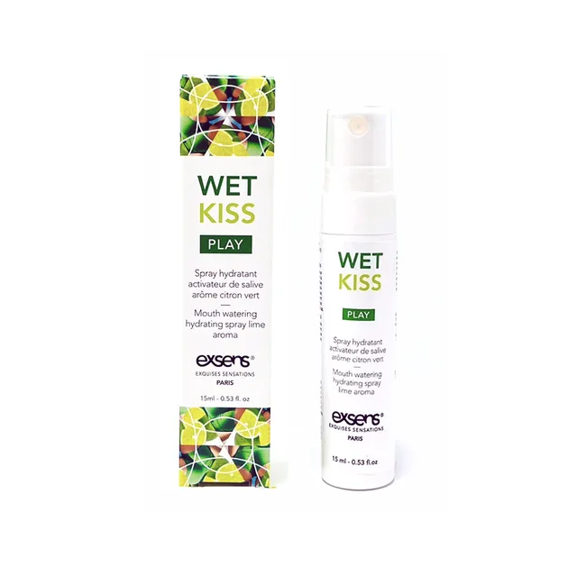 Exsens Wet Kiss Lime spray bottle beside green citrus-patterned carton