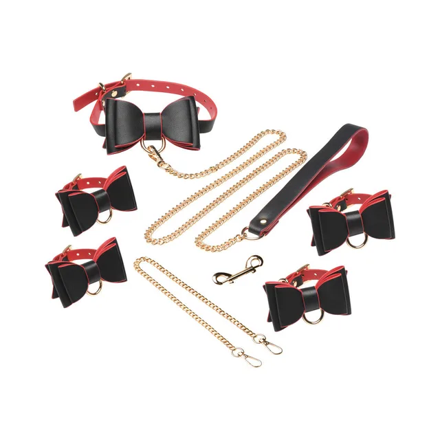 Black-and-red Goth Bondage Set pieces with gold-tone chains