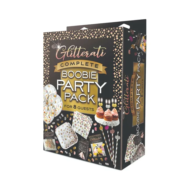 Black-gold Glitterati Boobie Party Pack box for eight guests