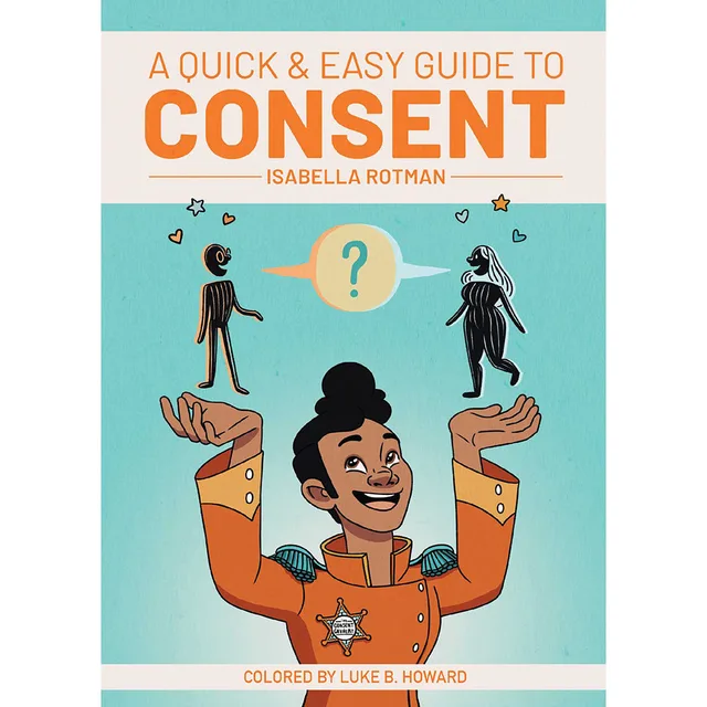 teal Consent guide cover with orange title and illustrated person holding scales