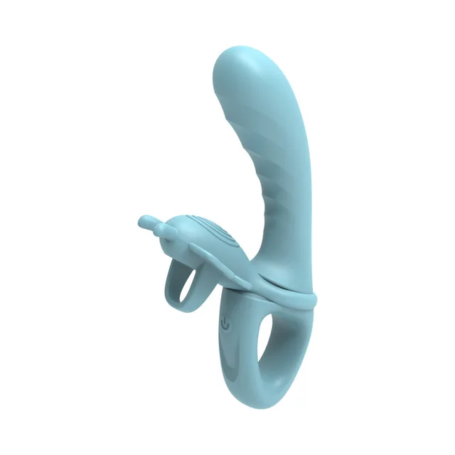 Teal Butterfly curved vibrator standing with removable ring attached