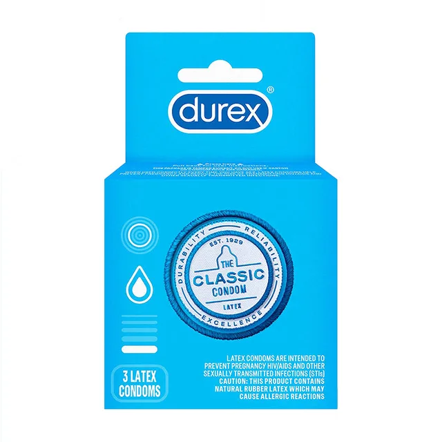 Durex Classic blue three-count lubricated latex condom box