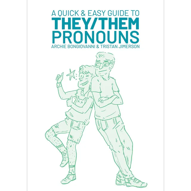 white They Them Pronouns guide cover with teal title and two illustrated people