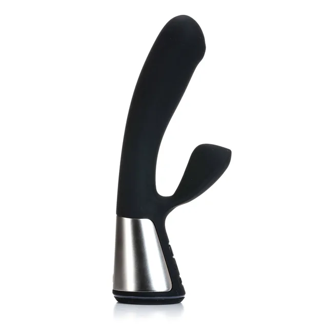 black OhMiBod Fuse dual-stimulation vibrator with two curved arms and silver base