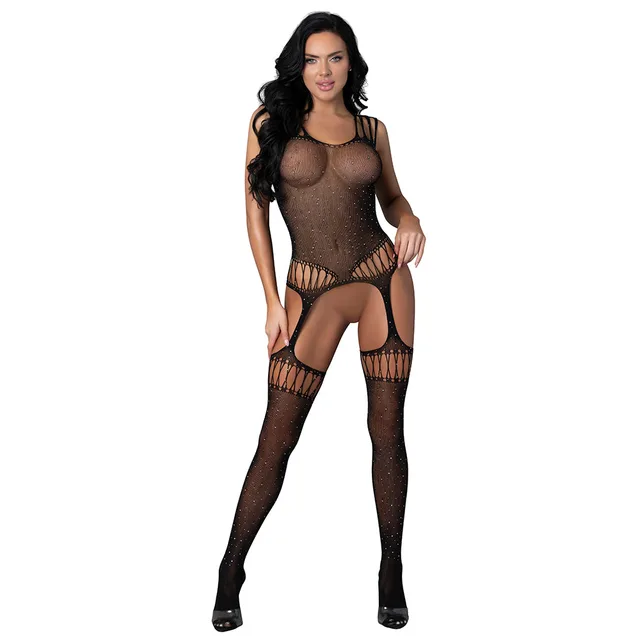 Black rhinestone gartered bodystocking full front view worn by model