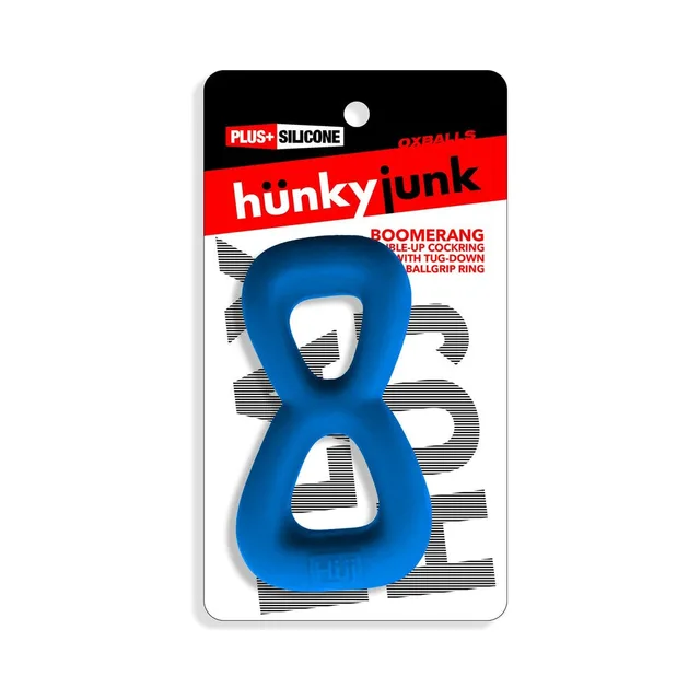 Oxballs Hunkyjunk Boomerang Teal Fizz double ring retail package with blue-teal figure-eight ring