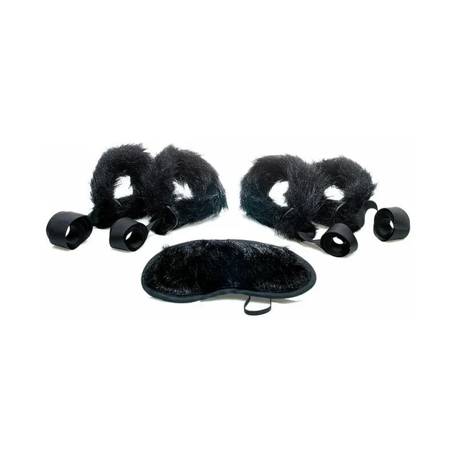 black five-piece faux-mink kit with four cuff restraints and eye mask