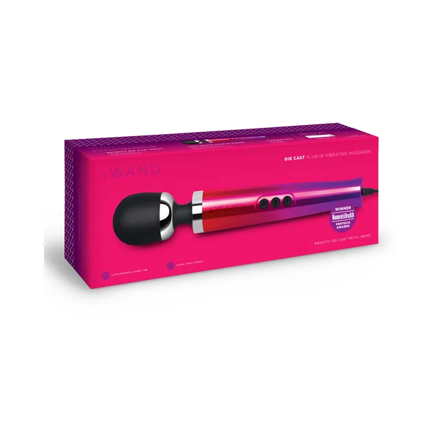 Ombre Le Wand Die Cast plug-in massager pictured on magenta box