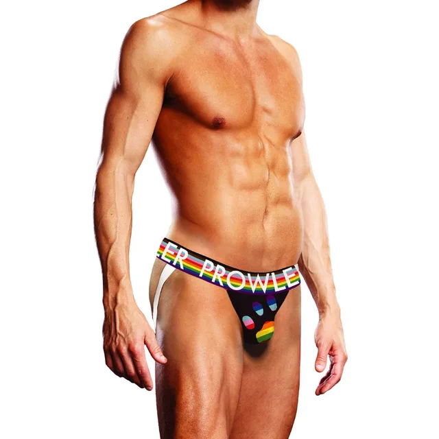 front view of black Prowler jock strap with multicolor paw print waistband