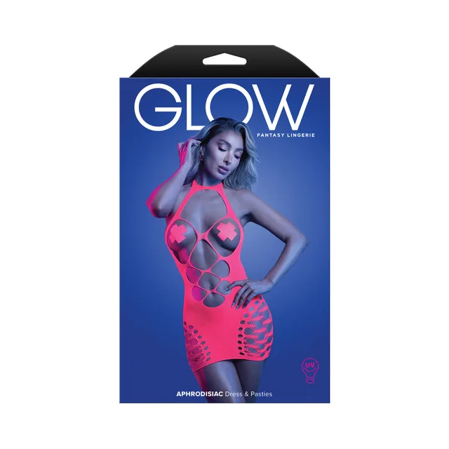 Model wearing hot-pink Aphrodisiac open-bodice halter dress on box