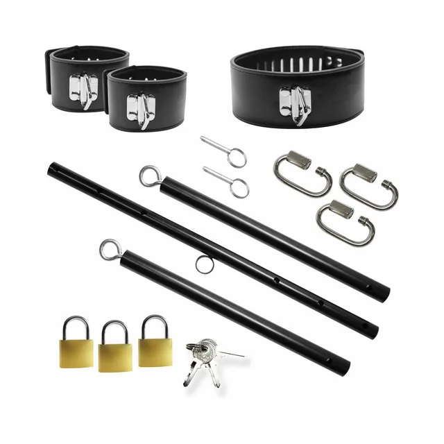Master Series black spreader bar with collar component layout with bars cuffs clips locks and keys