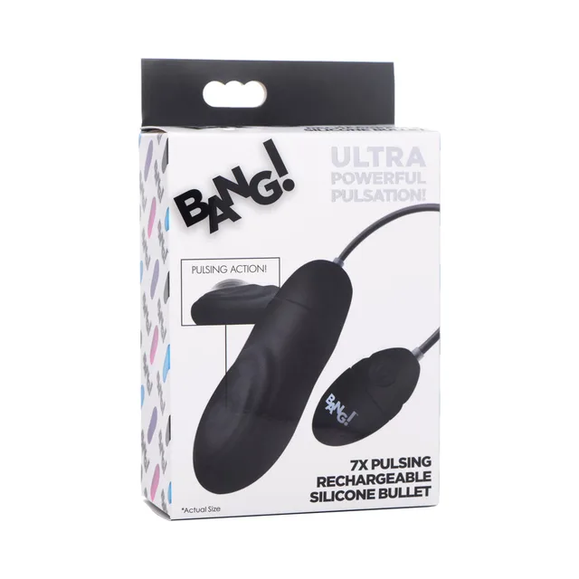 Black BANG 7X silicone bullet with corded controller in white retail box