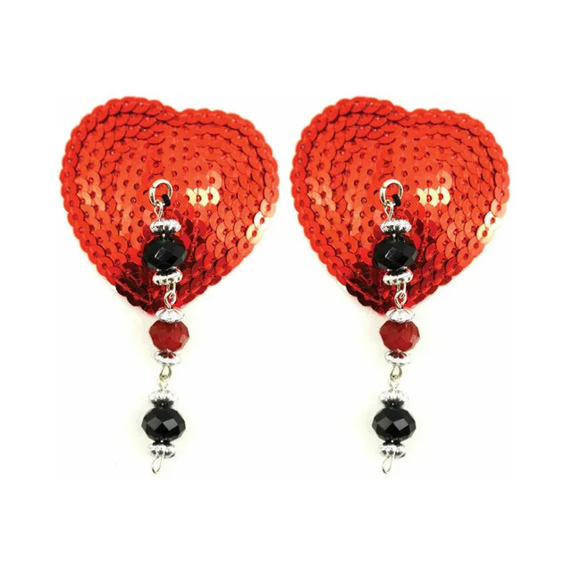 pair of red sequin heart pasties with dangling red and black faceted beads