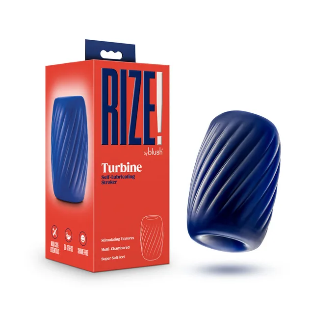 dark Rize Turbine diagonally grooved stroker sleeve beside orange and blue box