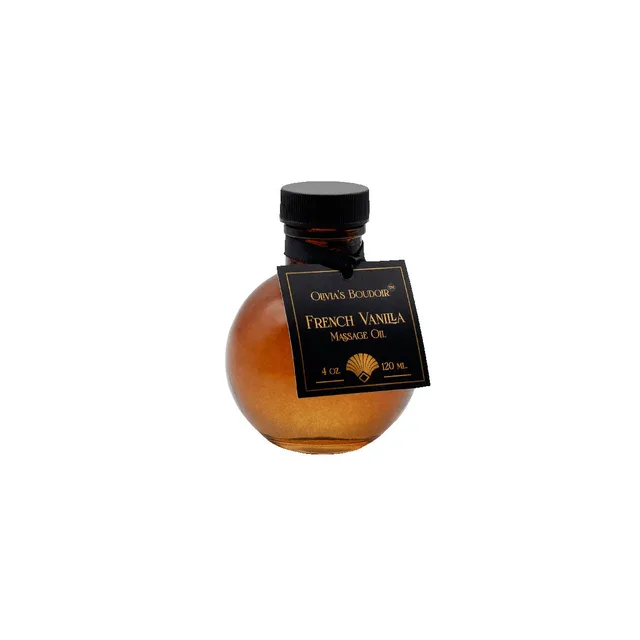 round amber 4 oz bottle of Olivia's Boudoir French Vanilla massage oil
