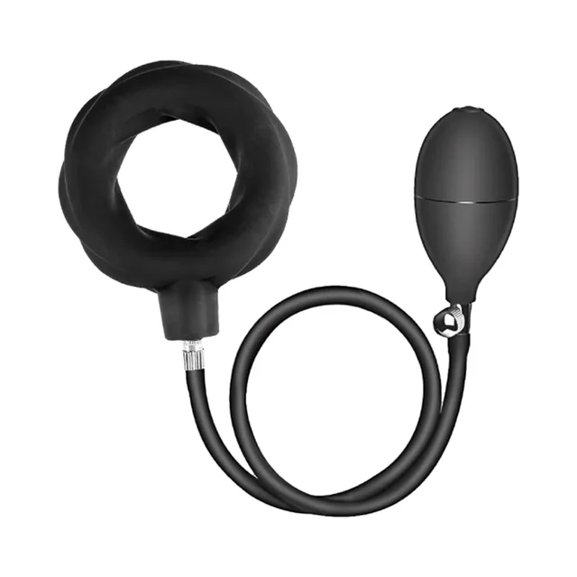 Nasstoys Atomic black inflatable cock ring front view with circular ring, flexible hose and hand pump