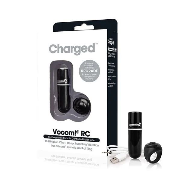 Screaming O Charged Vooom Black Bullet Set bullet remote loop and cable beside retail carton