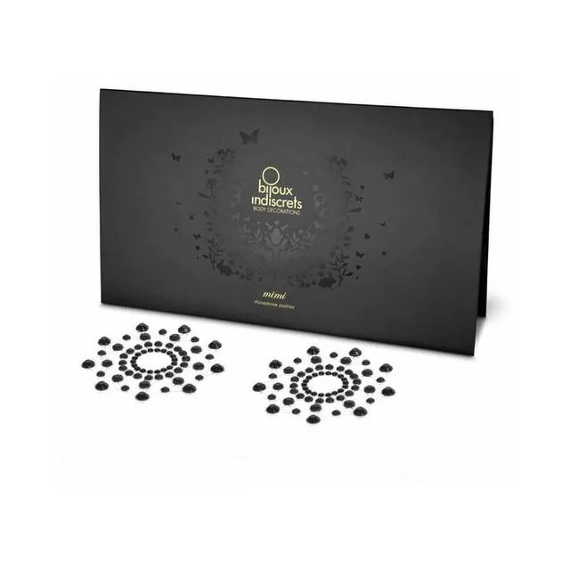 pair of black circular Mimi rhinestone pasties with concentric stones below black box