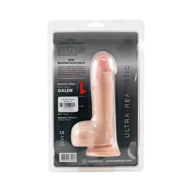 Camtoyz Galen beige 8-inch dildo rear of clear blister packaging