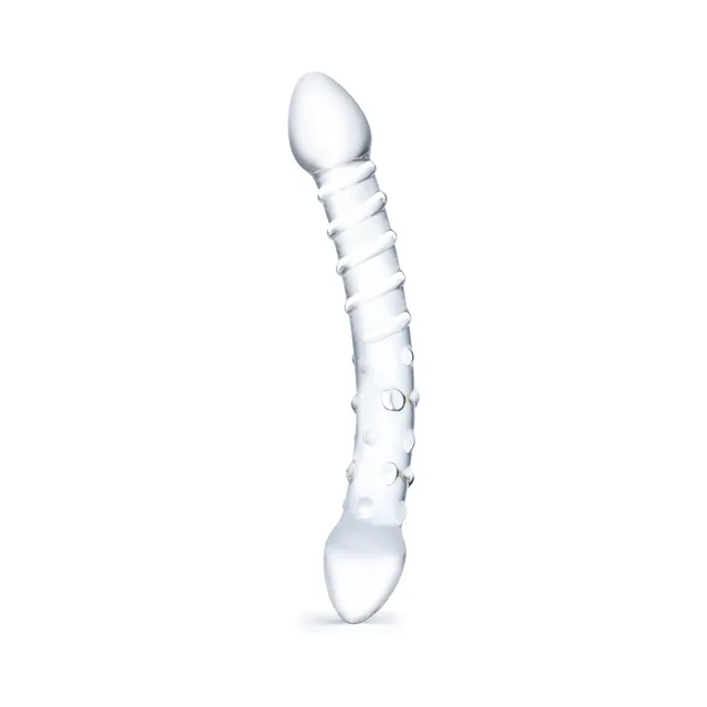 Glas Double Trouble Glass Dildo upright view of two bulb tips and ribbed shaft