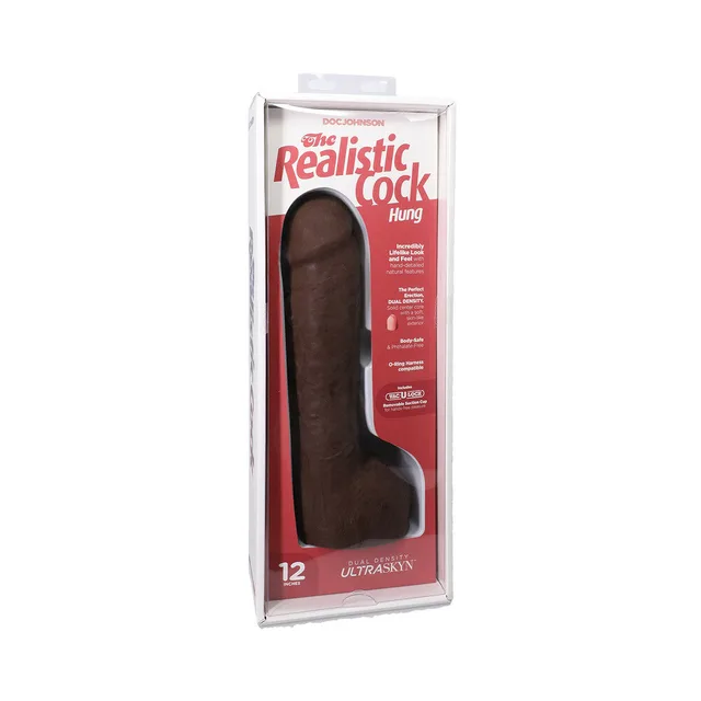 12-inch chocolate Realistic Cock Hung ULTRASKYN dildo in red clear-front package