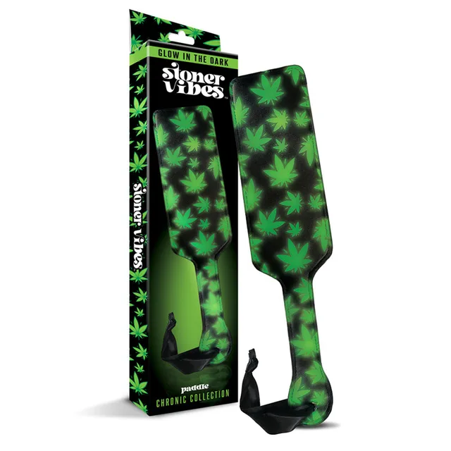 Stoner Vibes green cannabis print paddle beside retail box