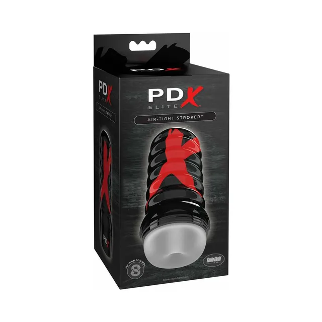 PDX Elite Air-Tight clear stroker with red sleeve pictured in black box