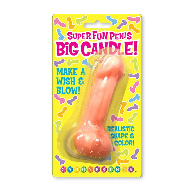 Super Fun Big phallic wax candle sealed on bright yellow card with pink and blue lettering