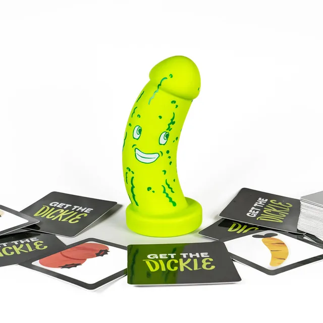 Cheeky Get the Dickle card game with illustrated cards spread around the green piece
