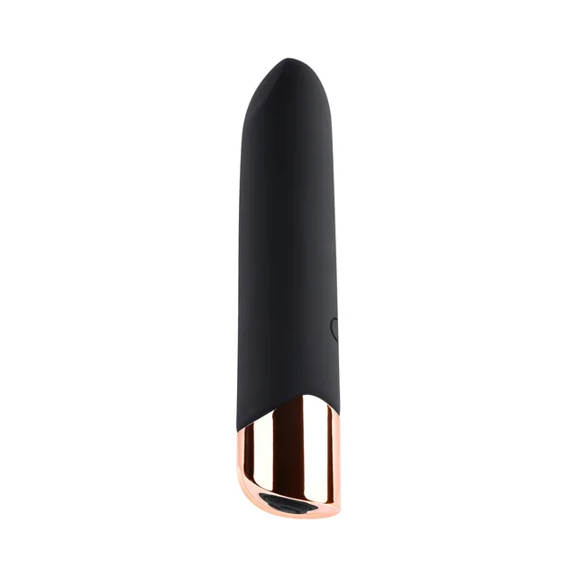 Side view of black silicone bullet and rose-gold base