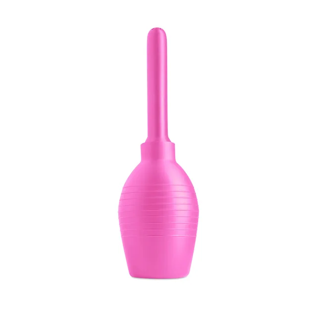 Front view of pink ribbed cleanser bulb and straight nozzle