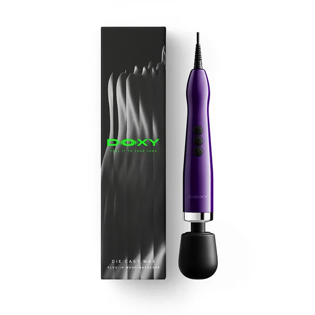 Doxy Die Cast Max plug-in purple wand beside black retail box